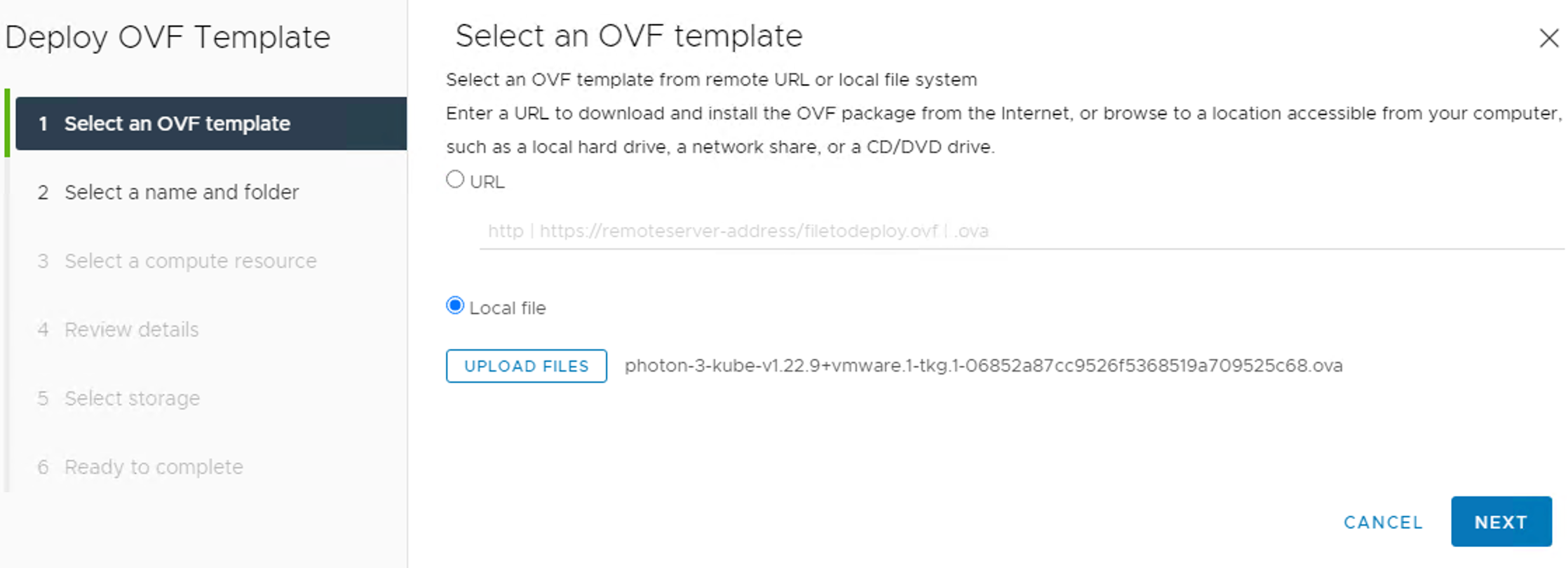 Tanzu Kubernetes Grid - Upgrade - Deploy OVF Template to vCenter - Select an OVF Template