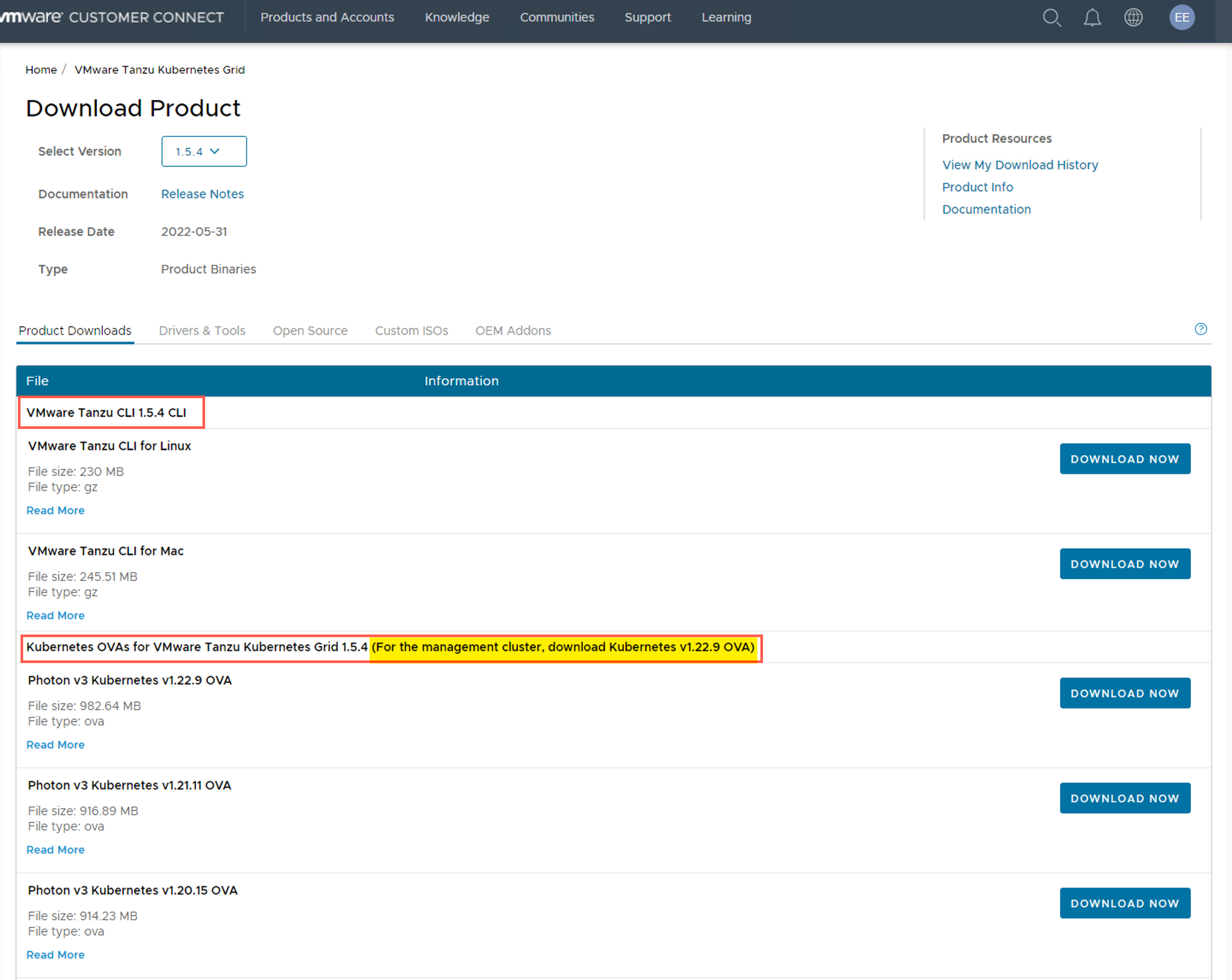 Tanzu Kubernetes Grid - Upgrade - Download Product files - Tanzu CLI - Kubernetes OVAS