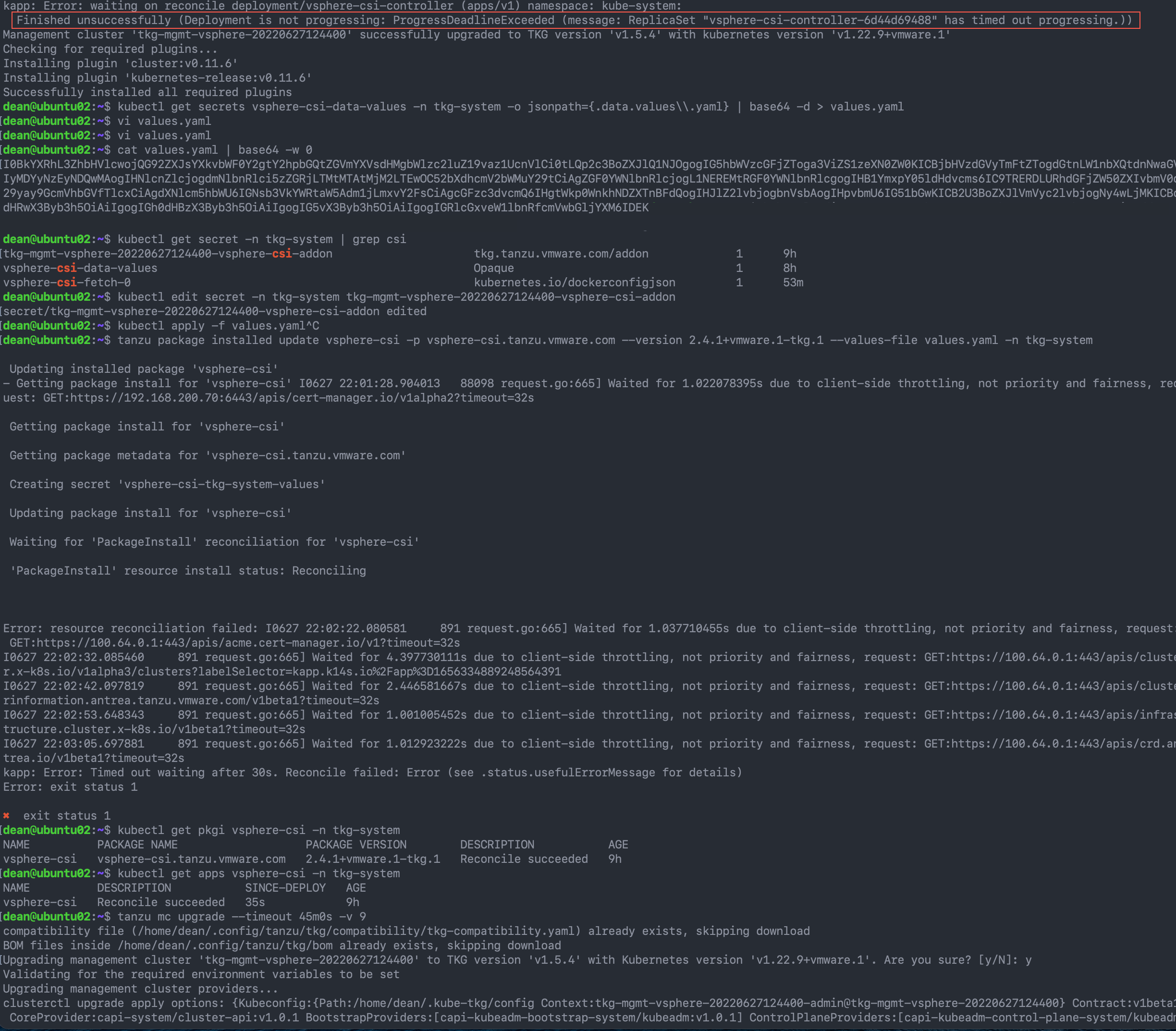 Tanzu Kubernetes Grid - Upgrade the Management Cluster - After upgrading a cluster with fewer than 3 control plane nodes, such as dev plan clusters, kapp-controller fails to reconcile its CSI package