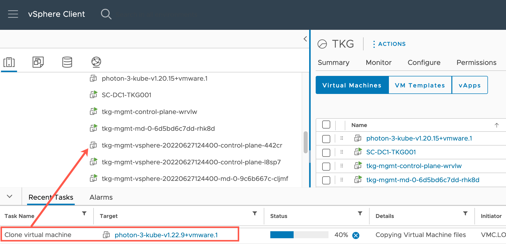 Tanzu Kubernetes Grid - Upgrade the Management Cluster - Hosts and Clusters View - New Control Plane VM