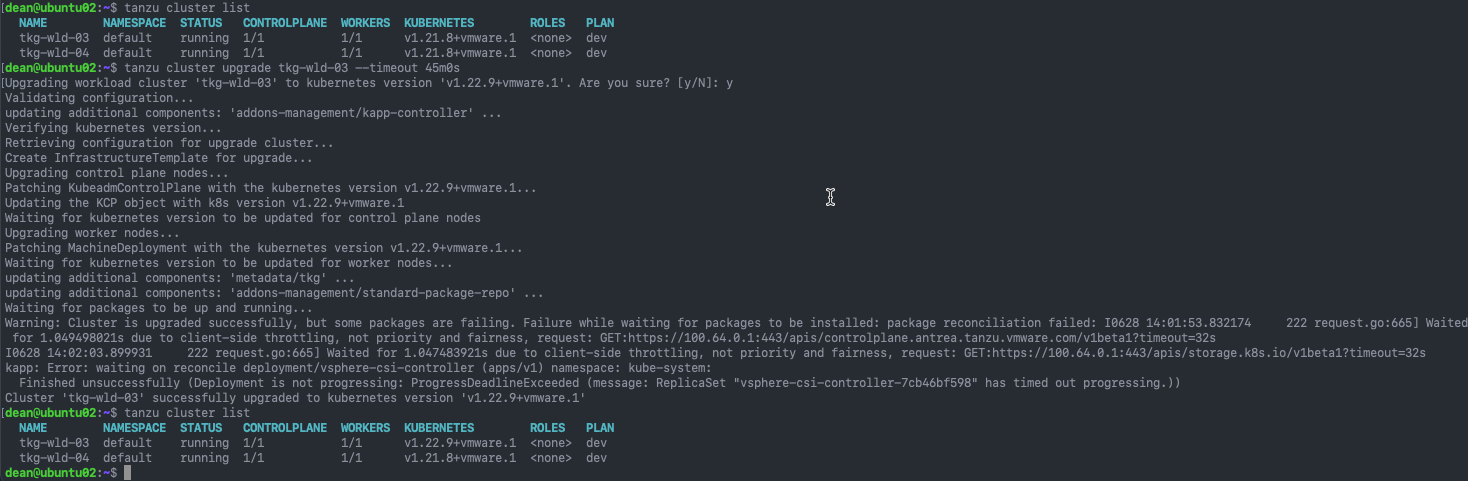 Tanzu Kubernetes Grid - Upgrade the Workload Cluster - Tanzu CLI commands - tanzu cluster upgrade cluster_name --timeout 45m0s