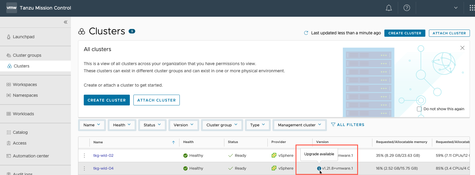 Tanzu Kubernetes Grid - Upgrade the Workload Cluster Using Tanzu Mission Control - TMC - Cluster Upgrade Available