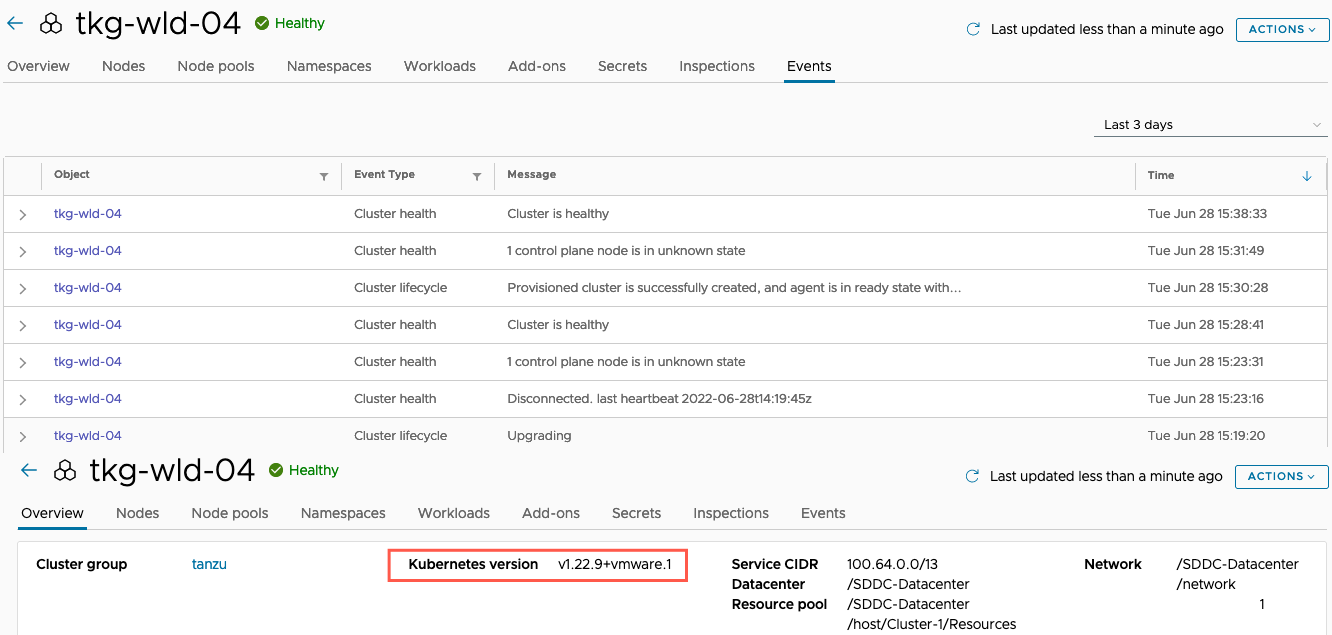 Tanzu Kubernetes Grid - Upgrade the Workload Cluster Using Tanzu Mission Control - TMC - Cluster - Upgrade Cluster - Events - Success