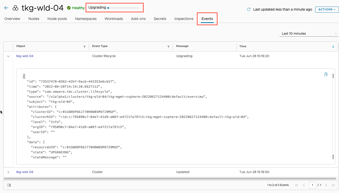 Tanzu Kubernetes Grid - Upgrade the Workload Cluster Using Tanzu Mission Control - TMC - Cluster - Upgrade Cluster - Events
