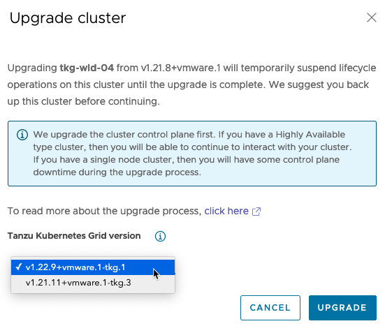 Tanzu Kubernetes Grid - Upgrade the Workload Cluster Using Tanzu Mission Control - TMC - Cluster - Upgrade Cluster - Select Version