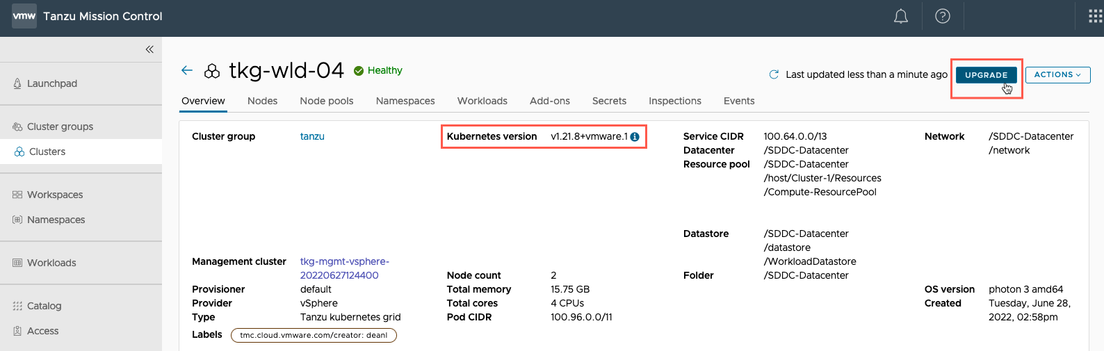 Tanzu Kubernetes Grid - Upgrade the Workload Cluster Using Tanzu Mission Control - TMC - Cluster - Upgrade