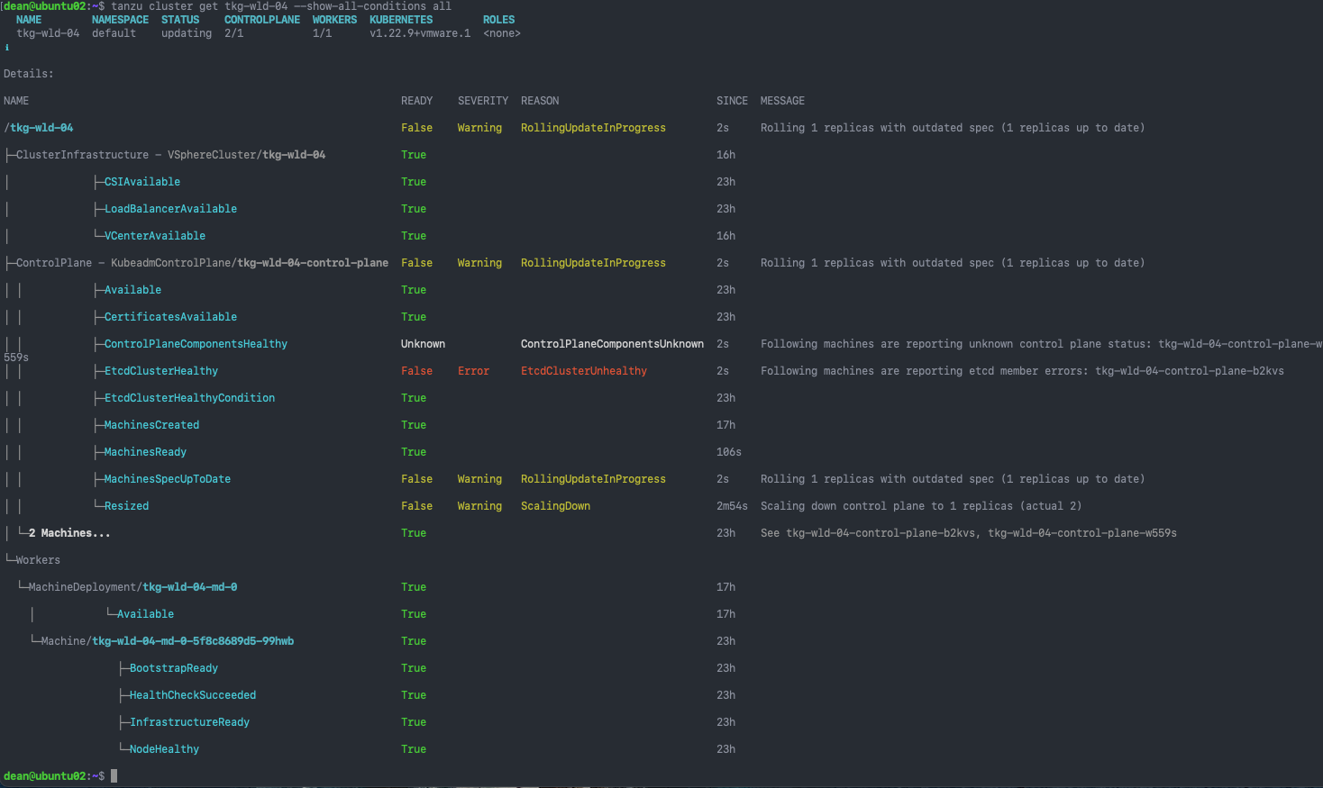 Tanzu Kubernetes Grid - Upgrade the Workload Cluster Using Tanzu Mission Control - TMC - Upgrade Cluster - tanzu get cluster cluster_name --show-all-conditions all