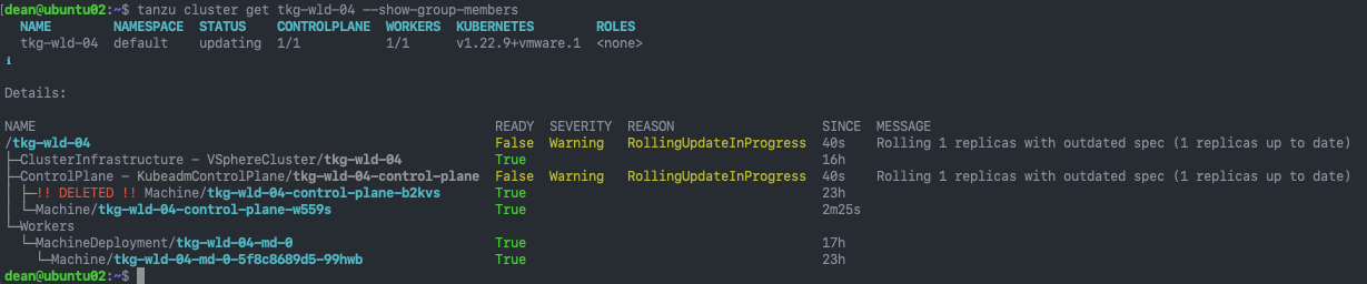 Tanzu Kubernetes Grid - Upgrade the Workload Cluster Using Tanzu Mission Control - TMC - Upgrade Cluster - tanzu get cluster cluster_name --show-group-members