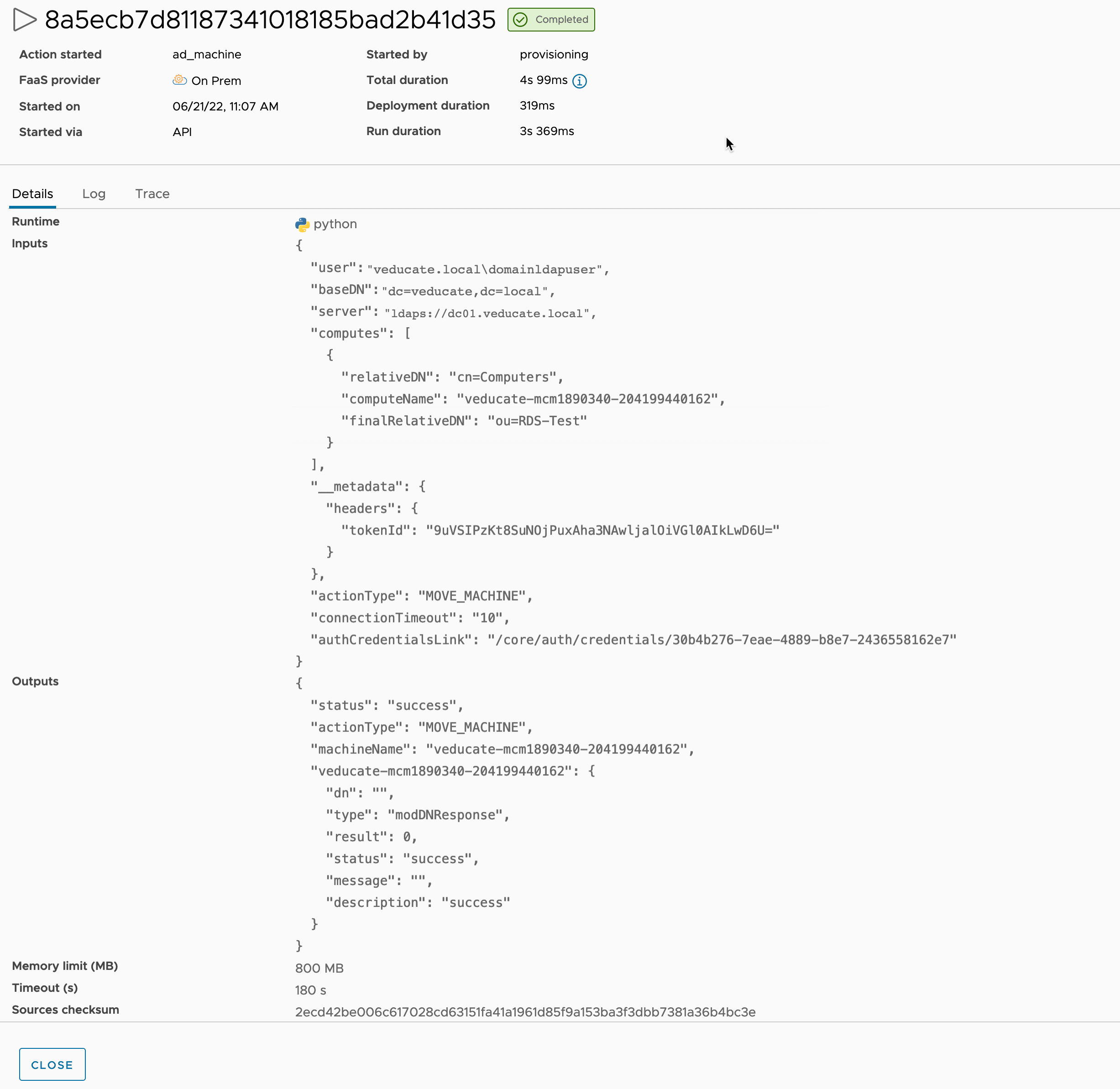 vRealize Automation - Configure LDAPS - Cloud Assembly - Extensibility - Action Runs - Integration runs - Details