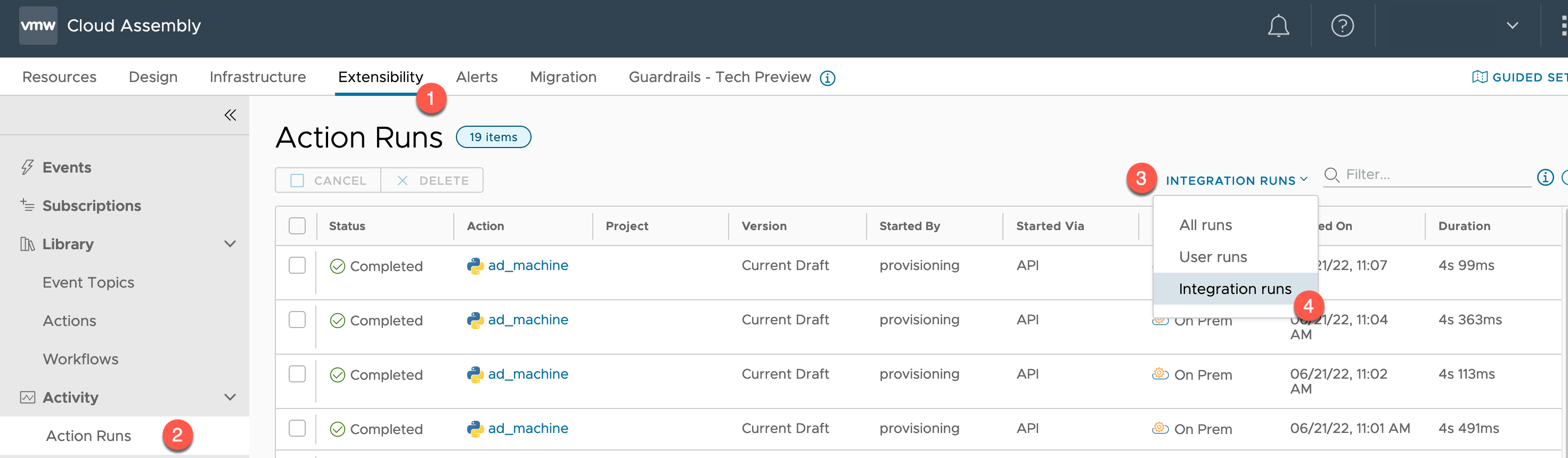 vRealize Automation - Configure LDAPS - Cloud Assembly - Extensibility - Action Runs - Integration runs
