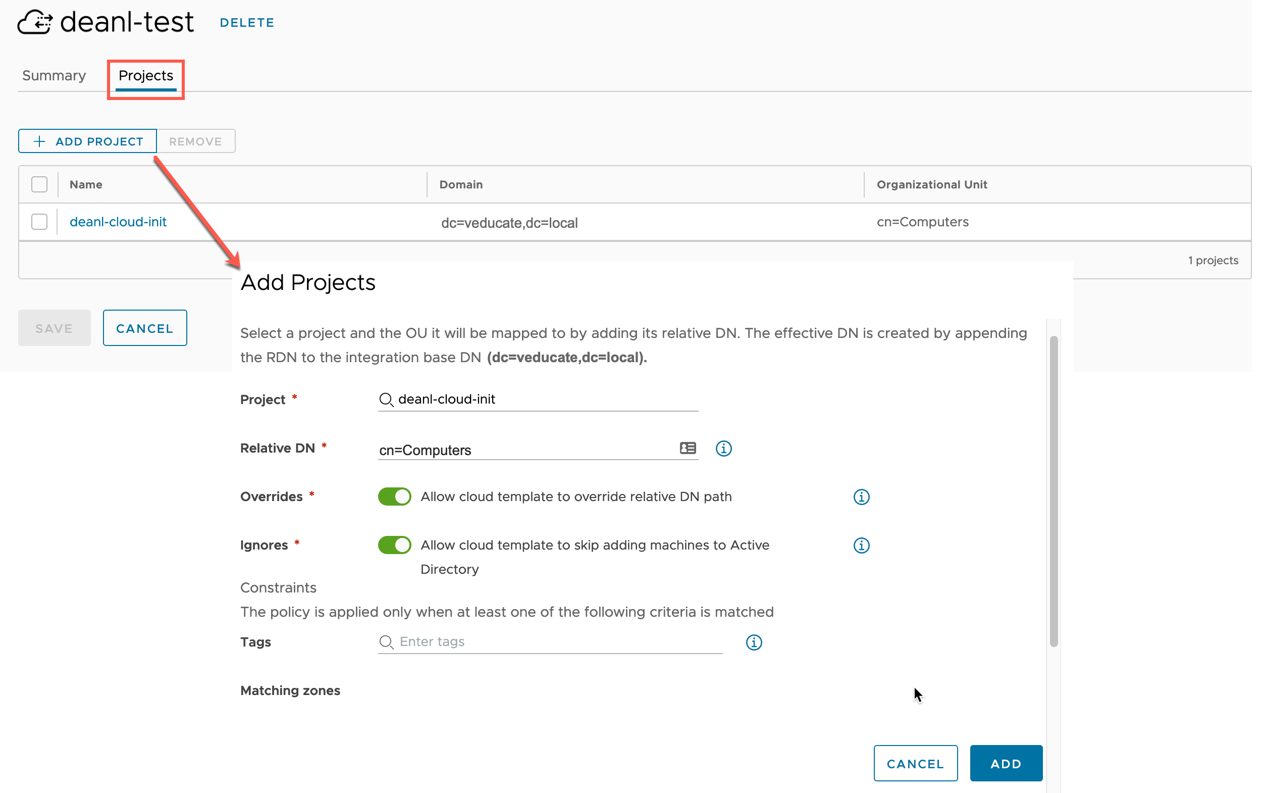 vRealize Automation - Configure LDAPS - Cloud Assembly - New Integration - Active Directory - Add Project
