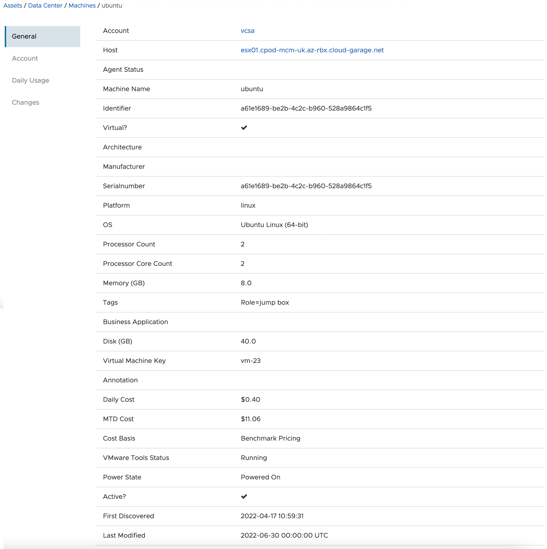 vRealize Operations - CloudHealth Integration - CloudHealth - Data Center - Assets - Machines - Details