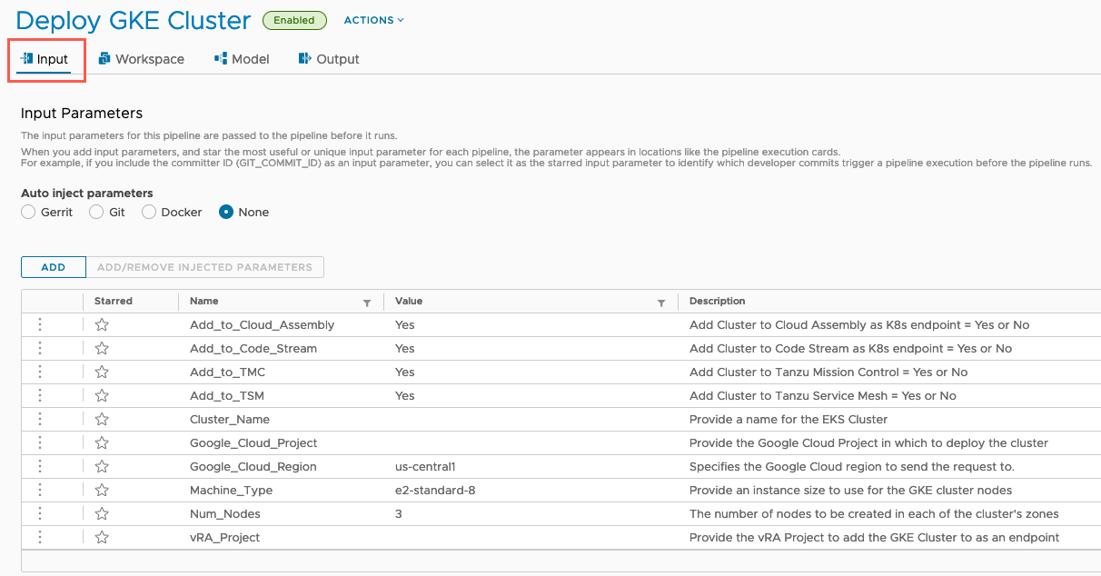 vRA GKE - Pipeline - Inputs