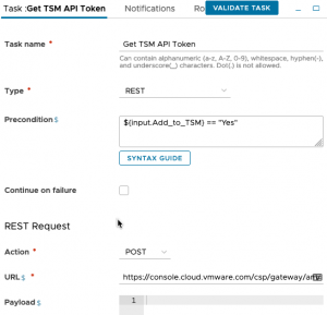 vRA GKE - Pipeline - Model - Stage - Add GKE to TSM - Task - Get TSM API Token