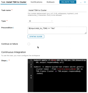 vRA GKE - Pipeline - Model - Stage - Add GKE to TSM - Task - Install TSM to Cluster