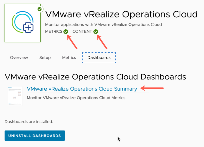 Tanzu Observability - vRealize Operations Cloud - Integrations - Dashboards installed