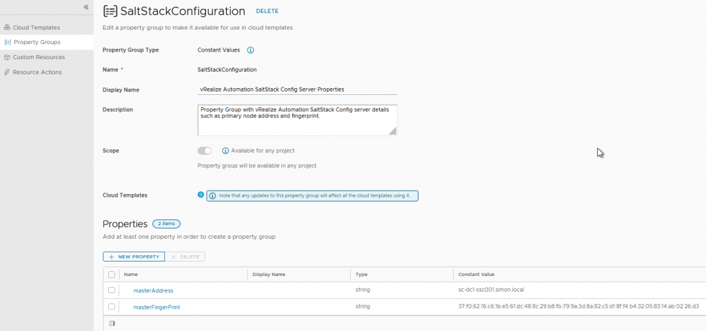 vRA SaltStack Config Integration - Property Group SaltStackConfiguration