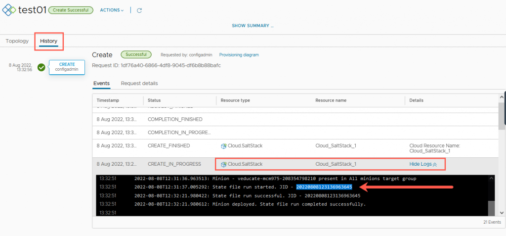 vRA SaltStack Config - Windows - Basic Cloud Template - Test - Deployment - History - Salt Logs