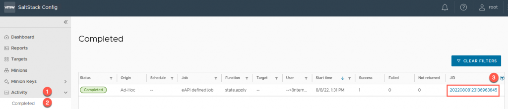 vRA SaltStack Config - Windows - Basic Cloud Template - Test - SaltStack Config - Activity - Completed - Filtered JID