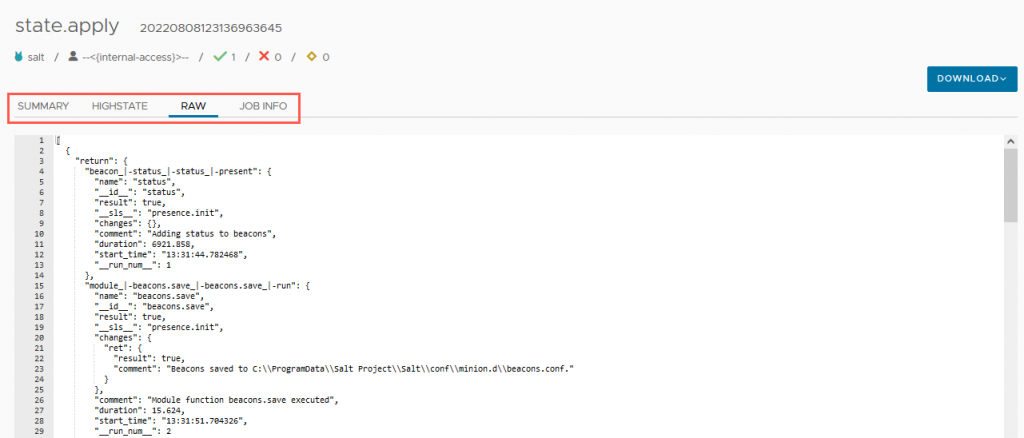 vRA SaltStack Config - Windows - Basic Cloud Template - Test - SaltStack Config - Activity - Completed - state.apply JID