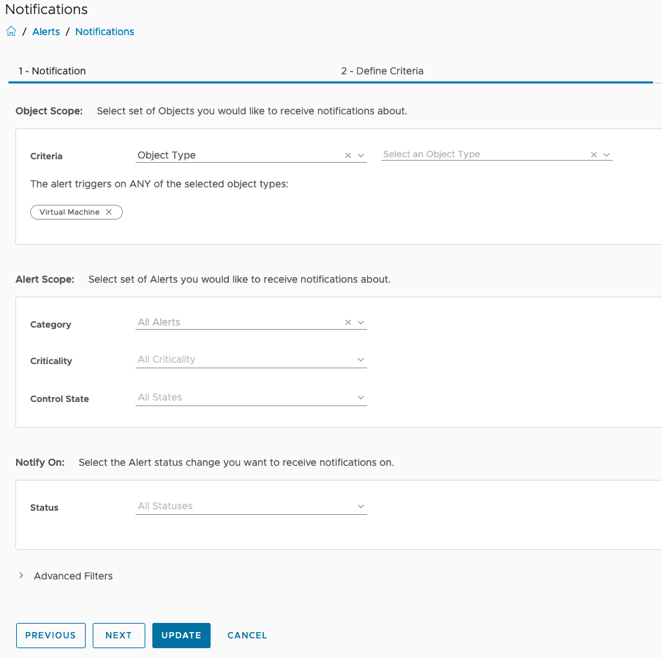 vROPS ELK - Configure - Alerts - Notification - Create a Notification rule - Define Criteria