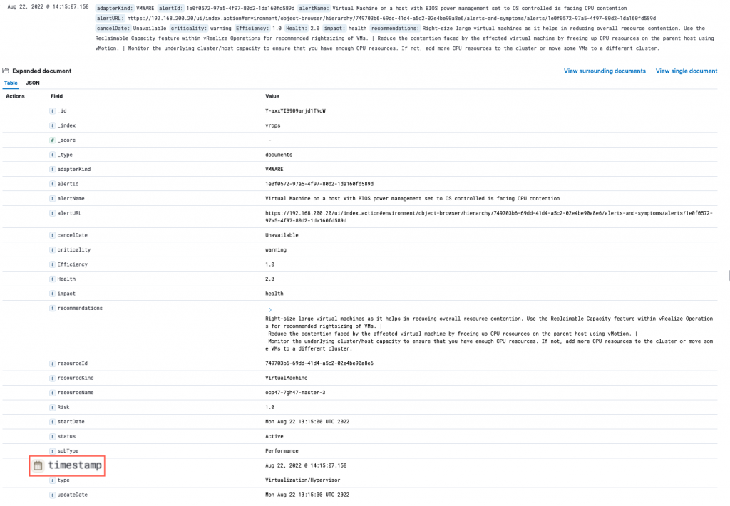 vROPS ELK - Elastic - Analytics - Discover - View a document
