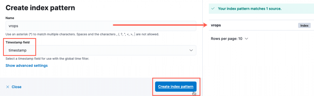 vROPS ELK - Elastic - Kibana - Index Patterns - Create Index Pattern - Set Timestamp