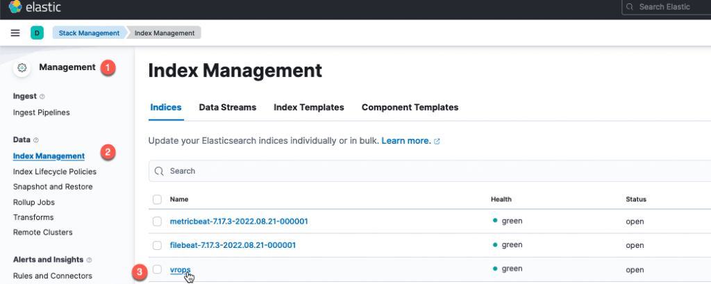 vROPS ELK - Elastic - Management - Data - Index Management