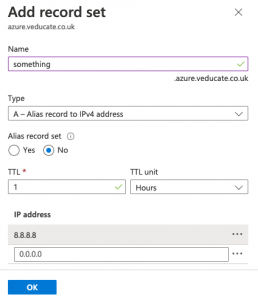 CloudFlare DNS delegation to Azure - Azure DNS Zone Service - Create DNS Zone - Add Record Set