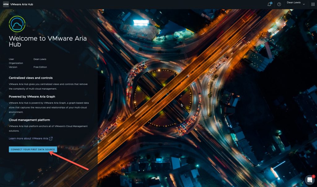 VMware Aria Hub - Getting Started with AWS - Aria Home Page