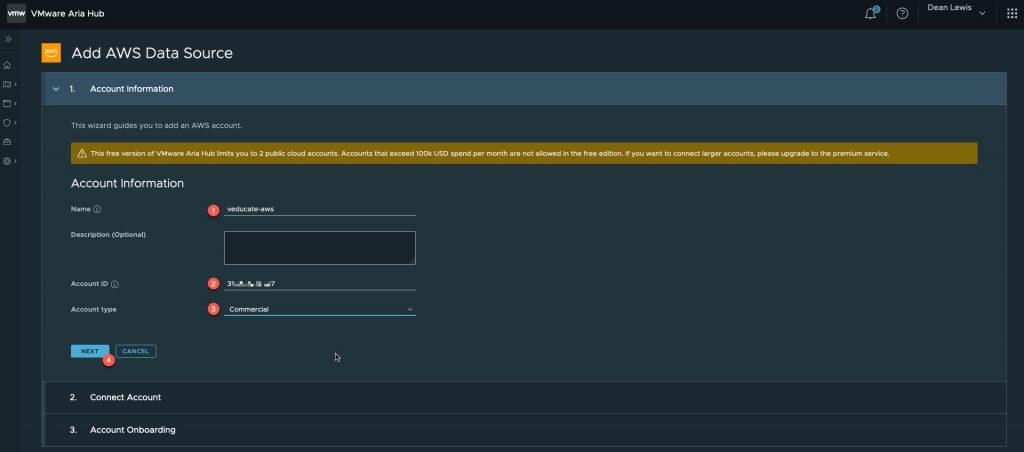 VMware Aria Hub - Getting Started with AWS - Create Data Source - Acount Information