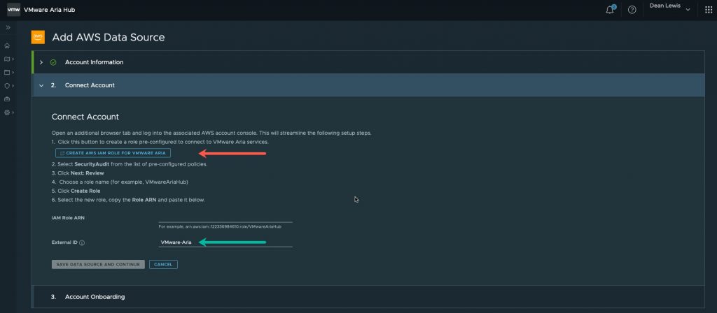 VMware Aria Hub - Getting Started with AWS - Create Data Source - Connect Account