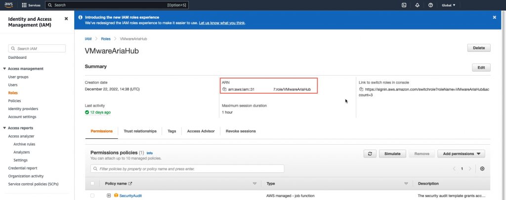 VMware Aria Hub - Getting Started with AWS - Create Data Source - Connect Account - AWS Console - IAM - Roles - VMwareAriaHub