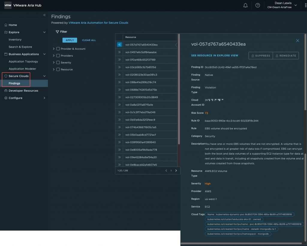 VMware Aria Hub - Getting Started with AWS - Secure Clouds - Findings