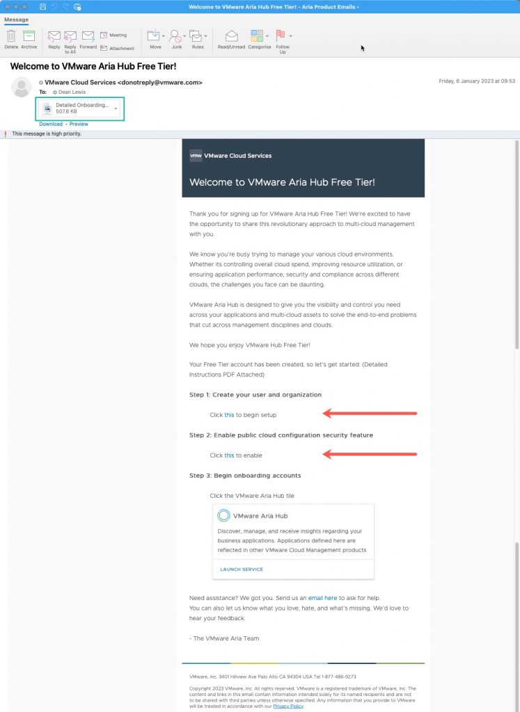 VMware Aria Hub - Getting Started with AWS - Welcome Email
