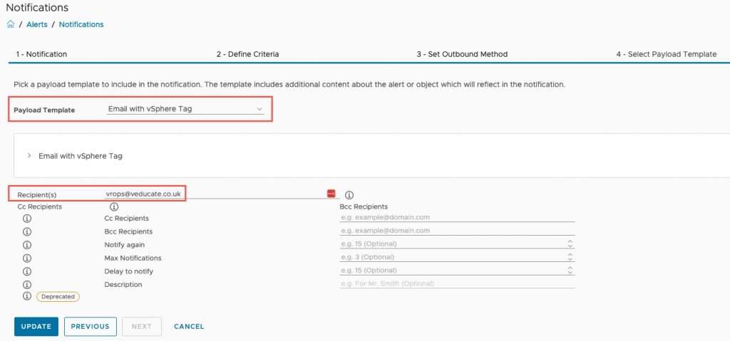 vROPS - Custom Payload - Alerts - Notifications - Select Payload Template