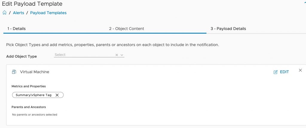 vROPS - Custom Payload - Alerts - Payload Templates - Object Content - Add object type - virtual machines - Tag added