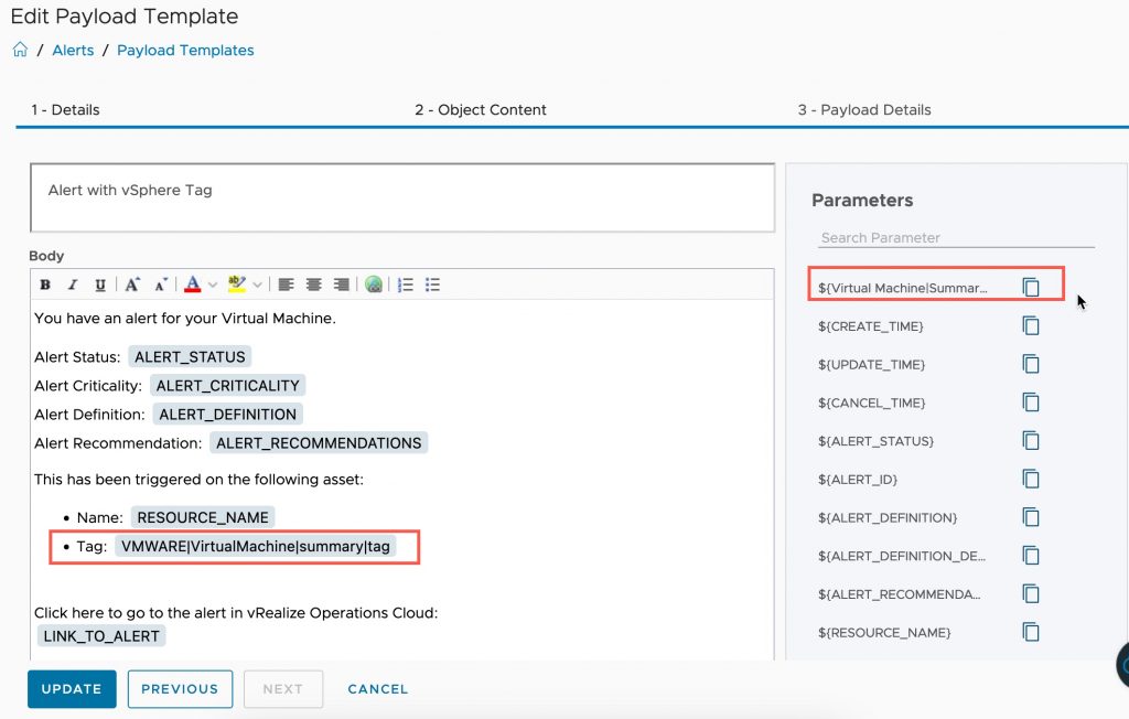 vROPS - Custom Payload - Alerts - Payload Templates - Payload Details