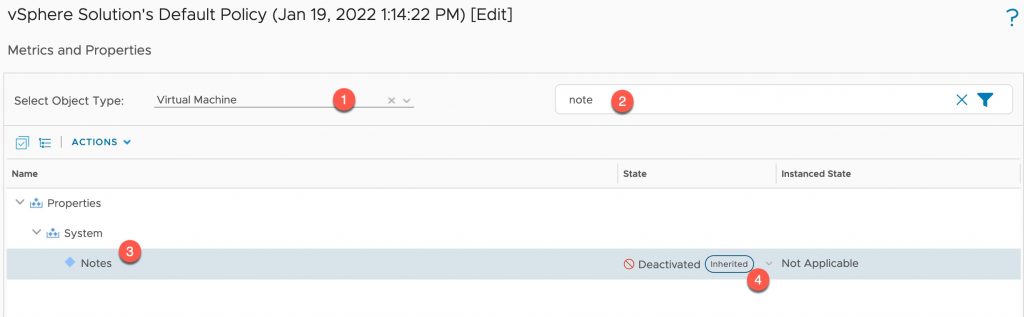vROPs - VM Notes - Edit Policy - Metrics and Properties - Virtual Machine - Enable System Notes