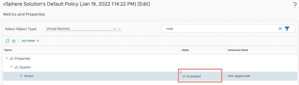 vROPs - VM Notes - Edit Policy - Metrics and Properties - Virtual Machine - System Notes - Activated