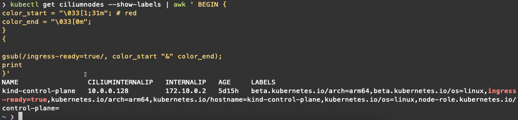 Screenshot showing the use of an awk command to color-highlight the ingress-ready=true label in red within kubectl get ciliumnodes --show-labels output in a Kubernetes terminal session.